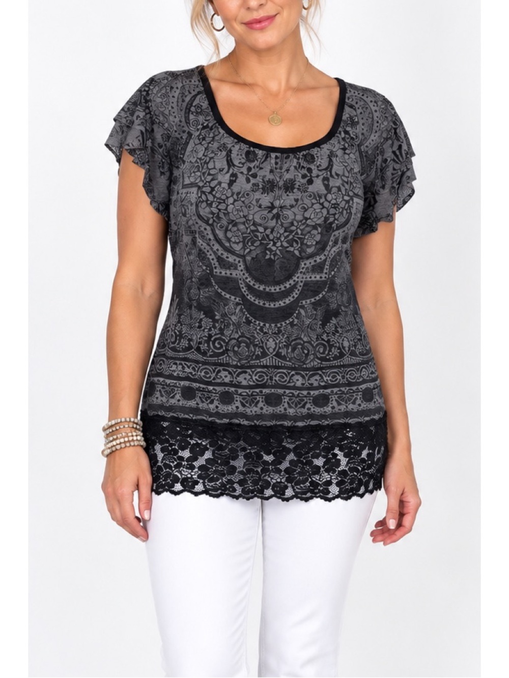Vanity Women’s Size Medium Black & Gray Paisley Lace-Hem Top
